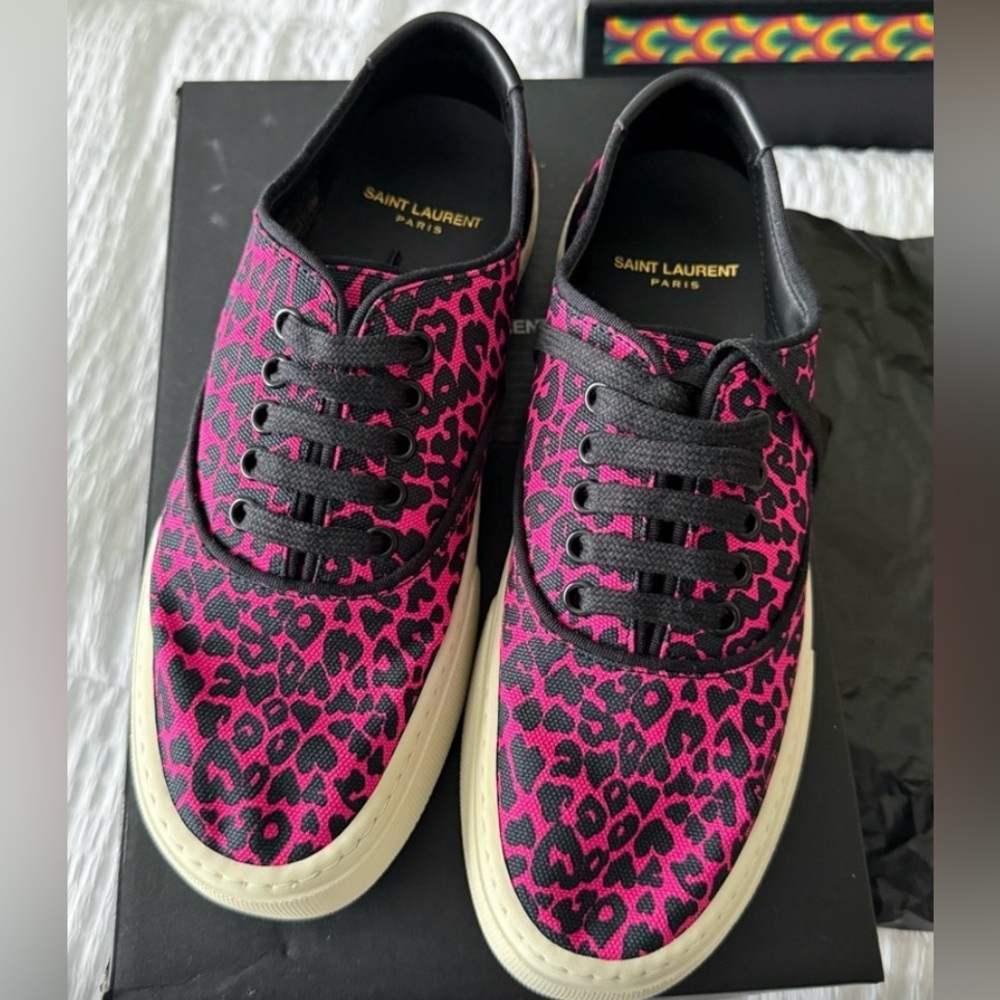 Saint Laurent Canvas Pink Leopard Print Venice Sneakers 38 - YSL